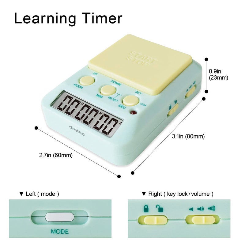dretec Learning Timer, for Studying, Large Button, Count Function Until The Target Date, Green, Yellow, Officially Tested in Japan(1 Starter AAA Battery Included) - Image 3